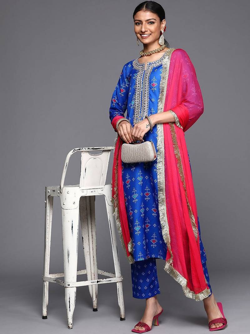 Bandhani Printed Gotta Patti Straight Kurta with Trousers & Dupatta