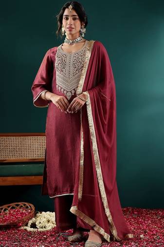 Women Ethnic Motifs Embroidered Regular Thread Work Kurta with Palazzos & With Dupatta