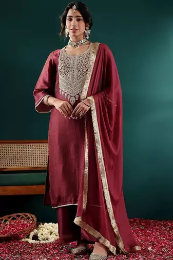 Women Ethnic Motifs Embroidered Regular Thread Work Kurta with Palazzos & With Dupatta