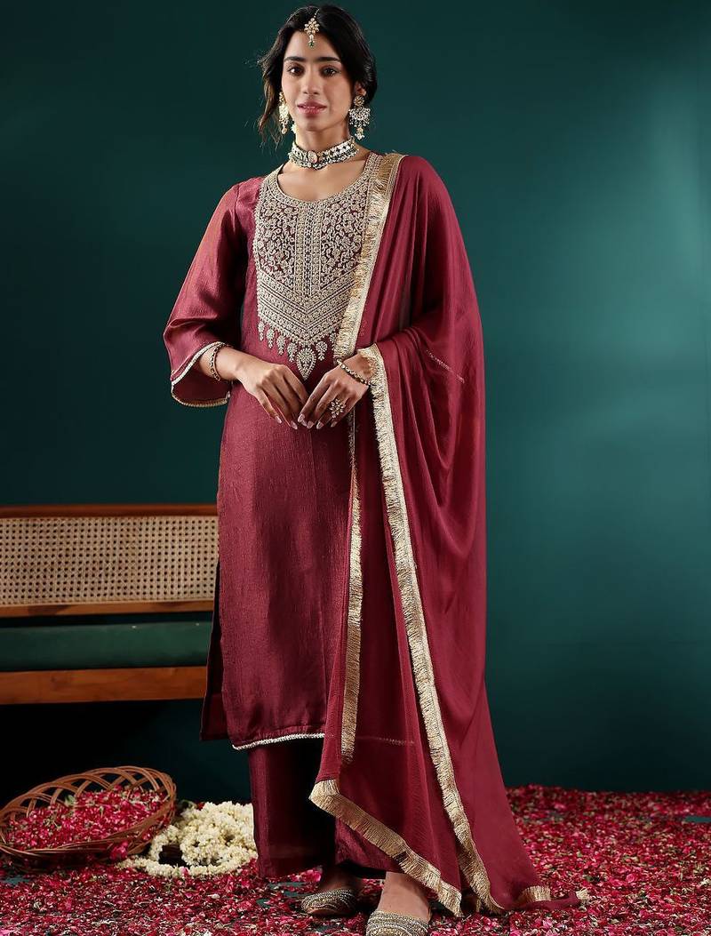 Women Ethnic Motifs Embroidered Regular Thread Work Kurta with Palazzos & With Dupatta