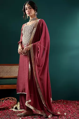 Women Ethnic Motifs Embroidered Regular Thread Work Kurta with Palazzos & With Dupatta