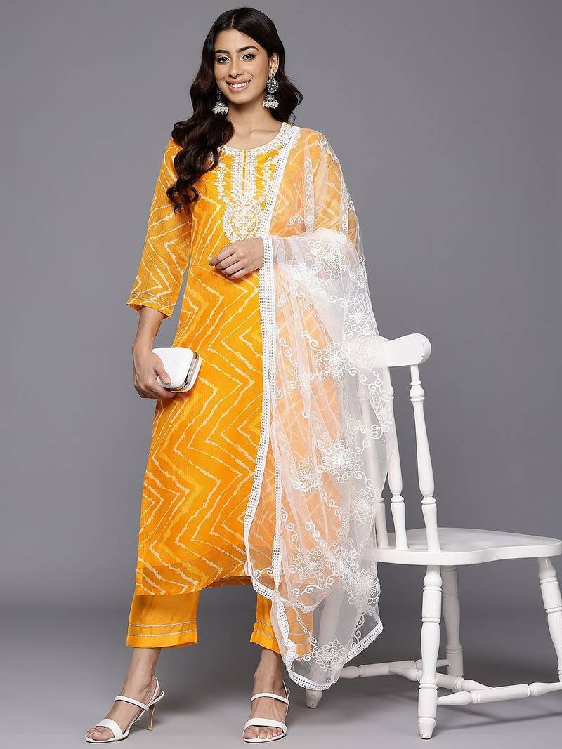 Printed Thread Work Sequinned Kurta With Trousers & Dupatta