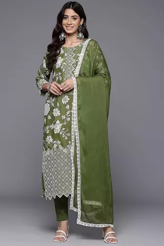 Women Floral Printed Regular Thread Work Pure Silk Kurta With Trousers & Dupatta