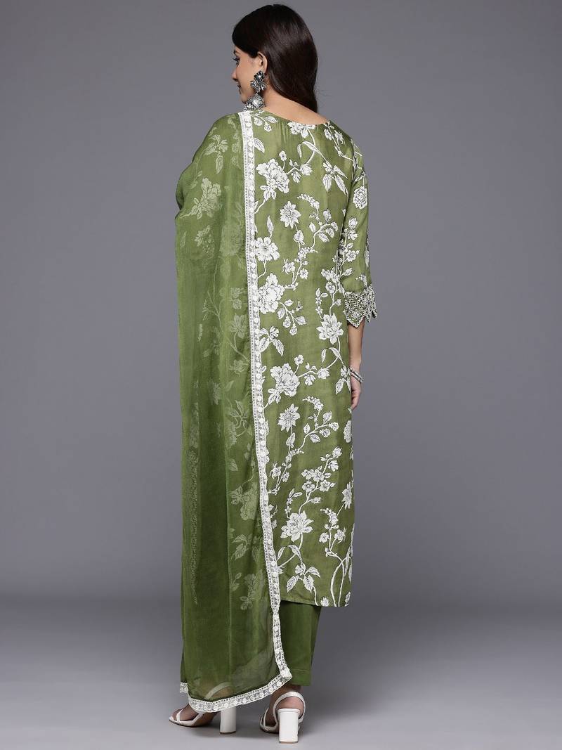 Women Floral Printed Regular Thread Work Pure Silk Kurta With Trousers & Dupatta