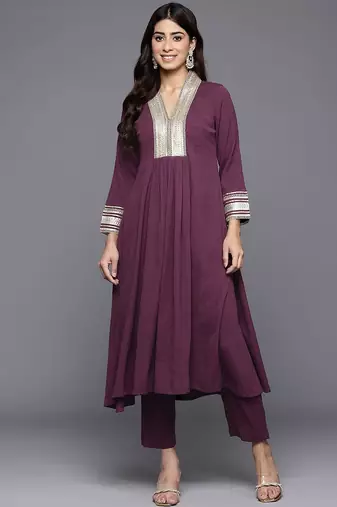 Yoke Design Pleated Sequinned Crepe Kurta with Trousers