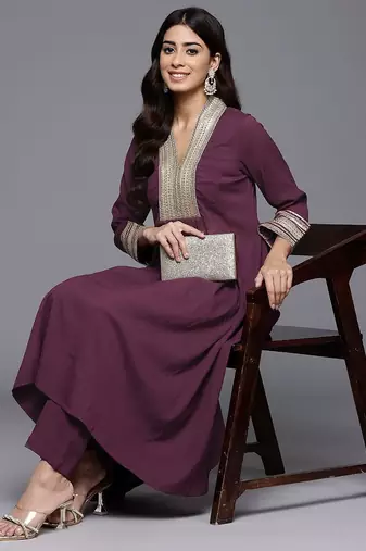 Yoke Design Pleated Sequinned Crepe Kurta with Trousers