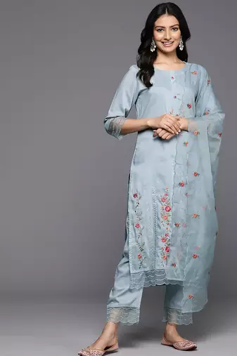 Floral Embroidered Thread Work Kurta With Trousers & Dupatta