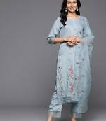 Floral Embroidered Thread Work Kurta With Trousers & Dupatta