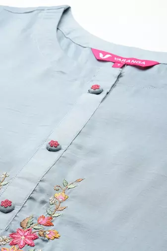 Floral Embroidered Thread Work Kurta With Trousers & Dupatta