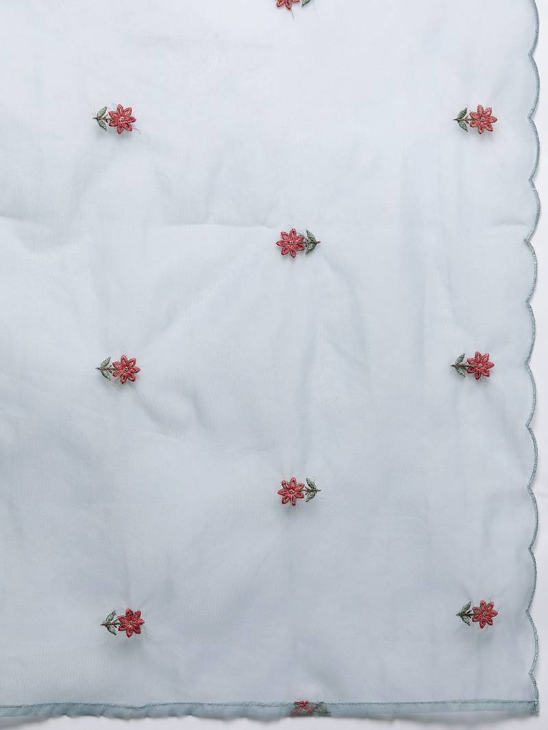 Floral Embroidered Thread Work Kurta With Trousers & Dupatta