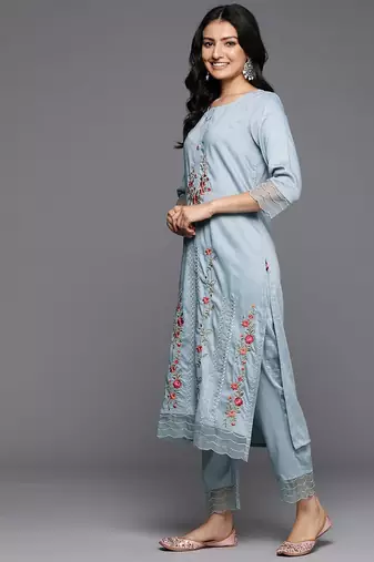 Floral Embroidered Thread Work Kurta With Trousers & Dupatta
