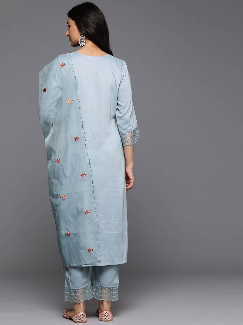 Floral Embroidered Thread Work Kurta With Trousers & Dupatta