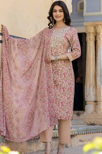 Ethnic Motifs Printed Regular Thread Work Kurta with Palazzo & Dupatta