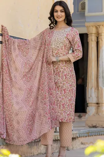 Ethnic Motifs Printed Regular Thread Work Kurta with Palazzo & Dupatta