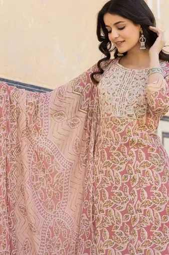 Ethnic Motifs Printed Regular Thread Work Kurta with Palazzo & Dupatta
