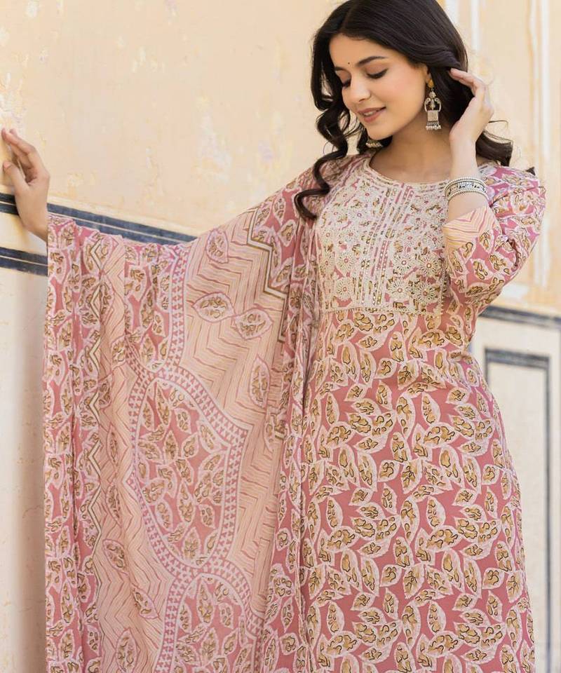 Ethnic Motifs Printed Regular Thread Work Kurta with Palazzo & Dupatta