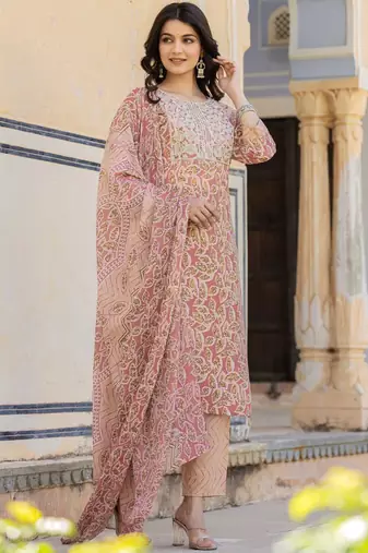 Ethnic Motifs Printed Regular Thread Work Kurta with Palazzo & Dupatta