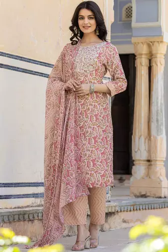 Ethnic Motifs Printed Regular Thread Work Kurta with Palazzo & Dupatta
