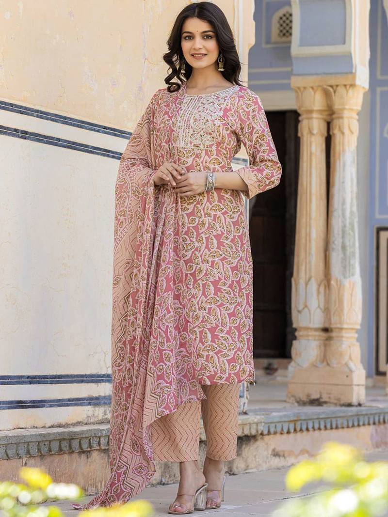 Ethnic Motifs Printed Regular Thread Work Kurta with Palazzo & Dupatta