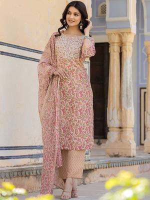 Ethnic Motifs Printed Regular Thread Work Kurta with Palazzo & Dupatta 6