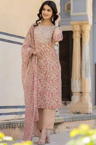 Ethnic Motifs Printed Regular Thread Work Kurta with Palazzo & Dupatta