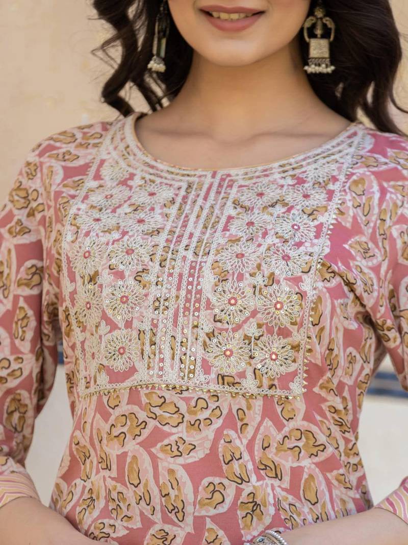Ethnic Motifs Printed Regular Thread Work Kurta with Palazzo & Dupatta