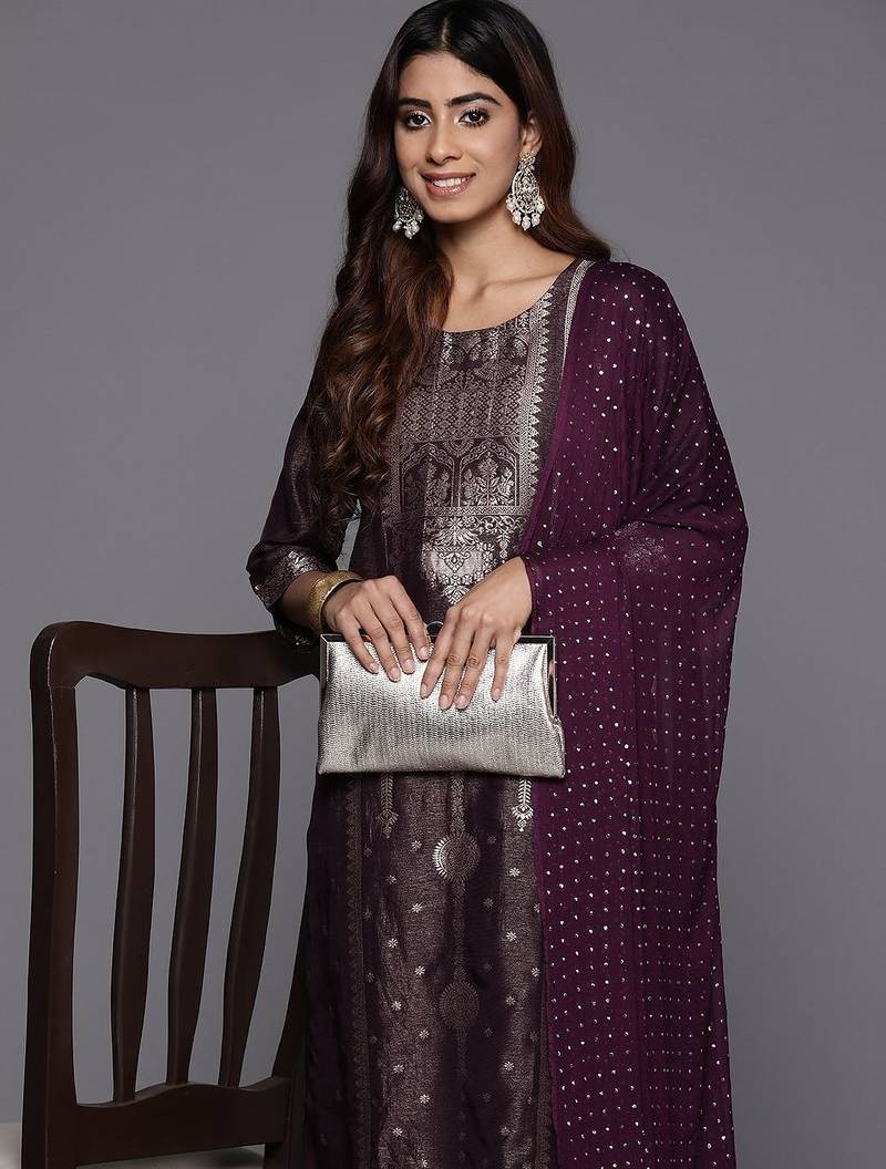 Women Woven Design Regular Kurta with Trousers & With Dupatta