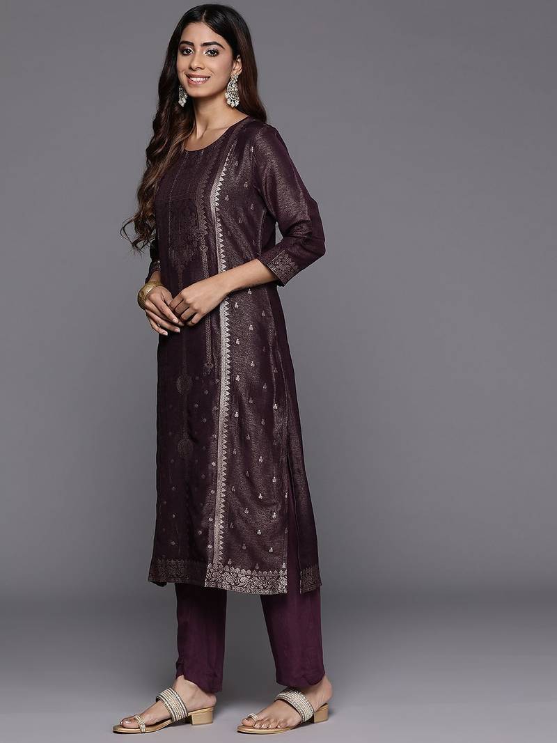 Women Woven Design Regular Kurta with Trousers & With Dupatta