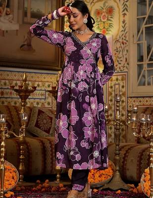 Floral Printed Mirror Embroidered Angrakha Gathered A-Line Kurta With Dupatta 1
