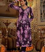 Floral Printed Mirror Embroidered Angrakha Gathered A-Line Kurta With Dupatta