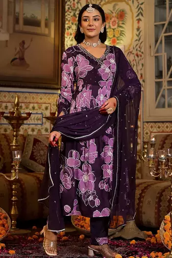Floral Printed Mirror Embroidered Angrakha Gathered A-Line Kurta With Dupatta