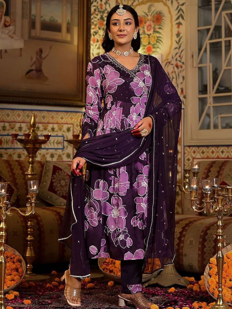 Floral Printed Mirror Embroidered Angrakha Gathered A-Line Kurta With Dupatta