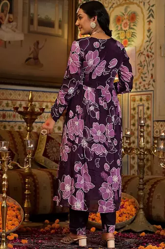 Floral Printed Mirror Embroidered Angrakha Gathered A-Line Kurta With Dupatta