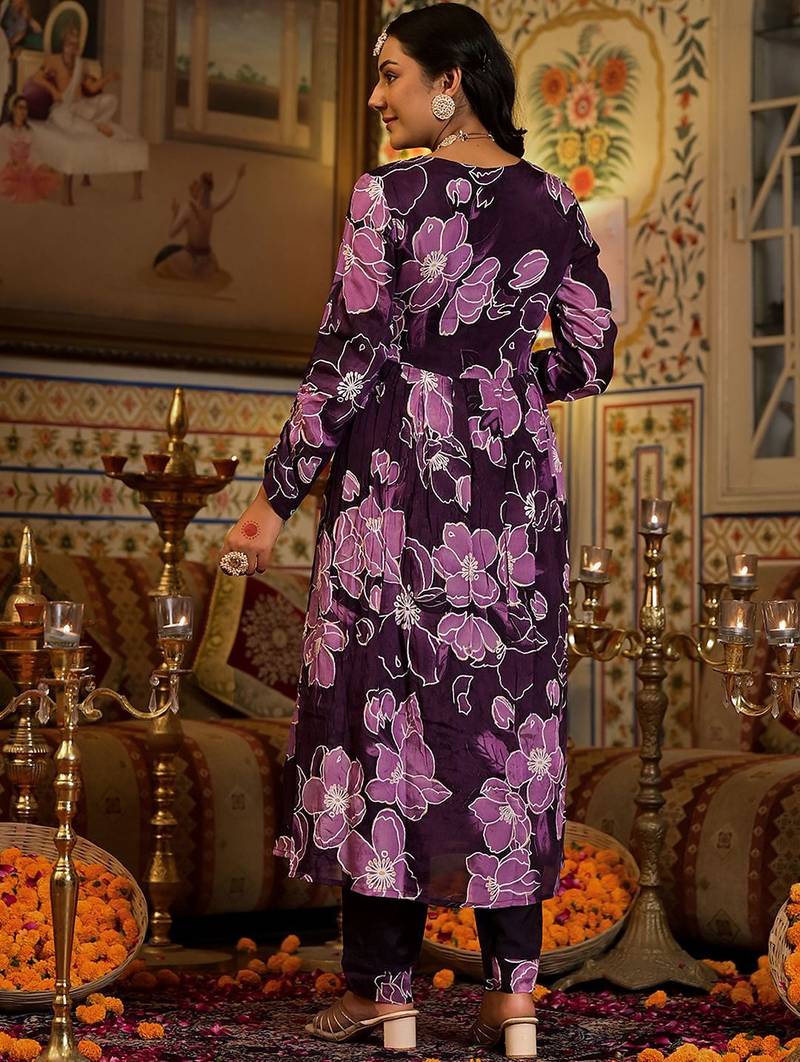 Floral Printed Mirror Embroidered Angrakha Gathered A-Line Kurta With Dupatta