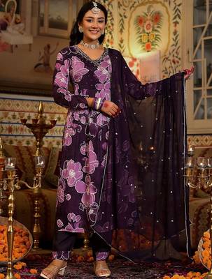Floral Printed Mirror Embroidered Angrakha Gathered A-Line Kurta With Dupatta 4