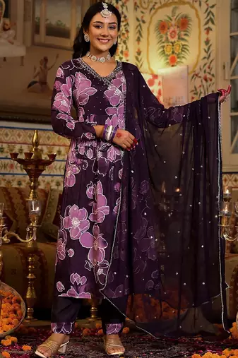 Floral Printed Mirror Embroidered Angrakha Gathered A-Line Kurta With Dupatta