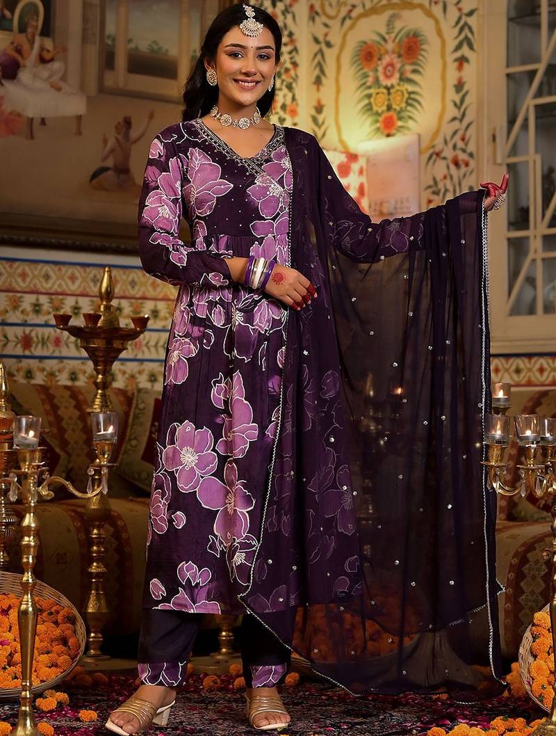 Floral Printed Mirror Embroidered Angrakha Gathered A-Line Kurta With Dupatta