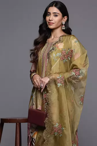 Floral Printed Regular Thread Work Pure Silk Kurta with Trousers & Dupatta