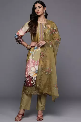 Floral Printed Regular Thread Work Pure Silk Kurta with Trousers & Dupatta