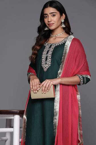 Embroidered Regular Gotta Patti Kurta with Trousers & Dupatta