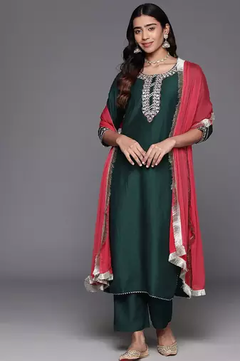 Embroidered Regular Gotta Patti Kurta with Trousers & Dupatta