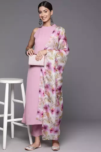 Women Regular Silk Crepe Kurta with Trousers & With Dupatta