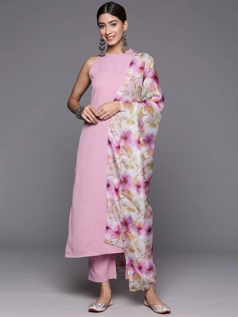 Women Regular Silk Crepe Kurta with Trousers & With Dupatta