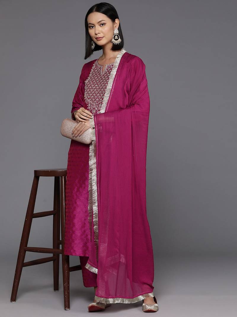 Women Floral Yoke Design Regular Sequinned Kurta with Trousers & Dupatta