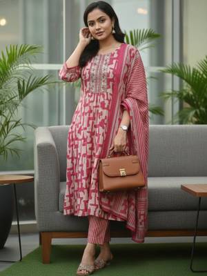 Women Printed Regular Thread Work Kurta with Trousers & With Dupatta 1