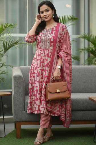 Women Printed Regular Thread Work Kurta with Trousers & With Dupatta