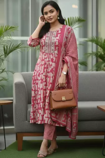 Women Printed Regular Thread Work Kurta with Trousers & With Dupatta