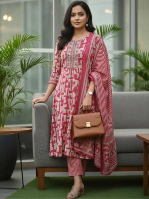 Women Printed Regular Thread Work Kurta with Trousers & With Dupatta 2