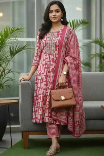 Women Printed Regular Thread Work Kurta with Trousers & With Dupatta