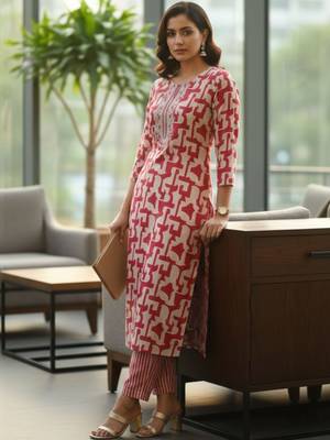Women Printed Regular Thread Work Kurta with Trousers & With Dupatta 3